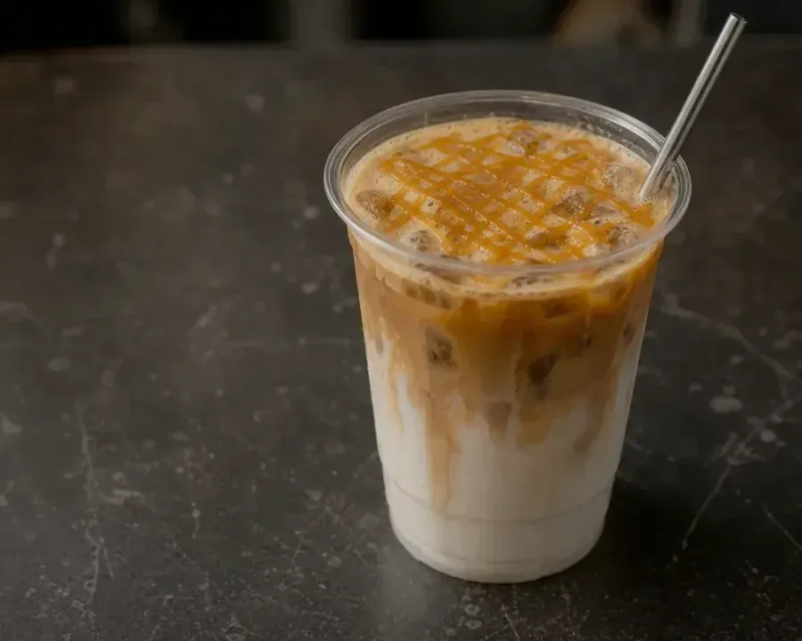 深色木桌上的萊茵咖啡 焦糖瑪奇朵 飲品成品照